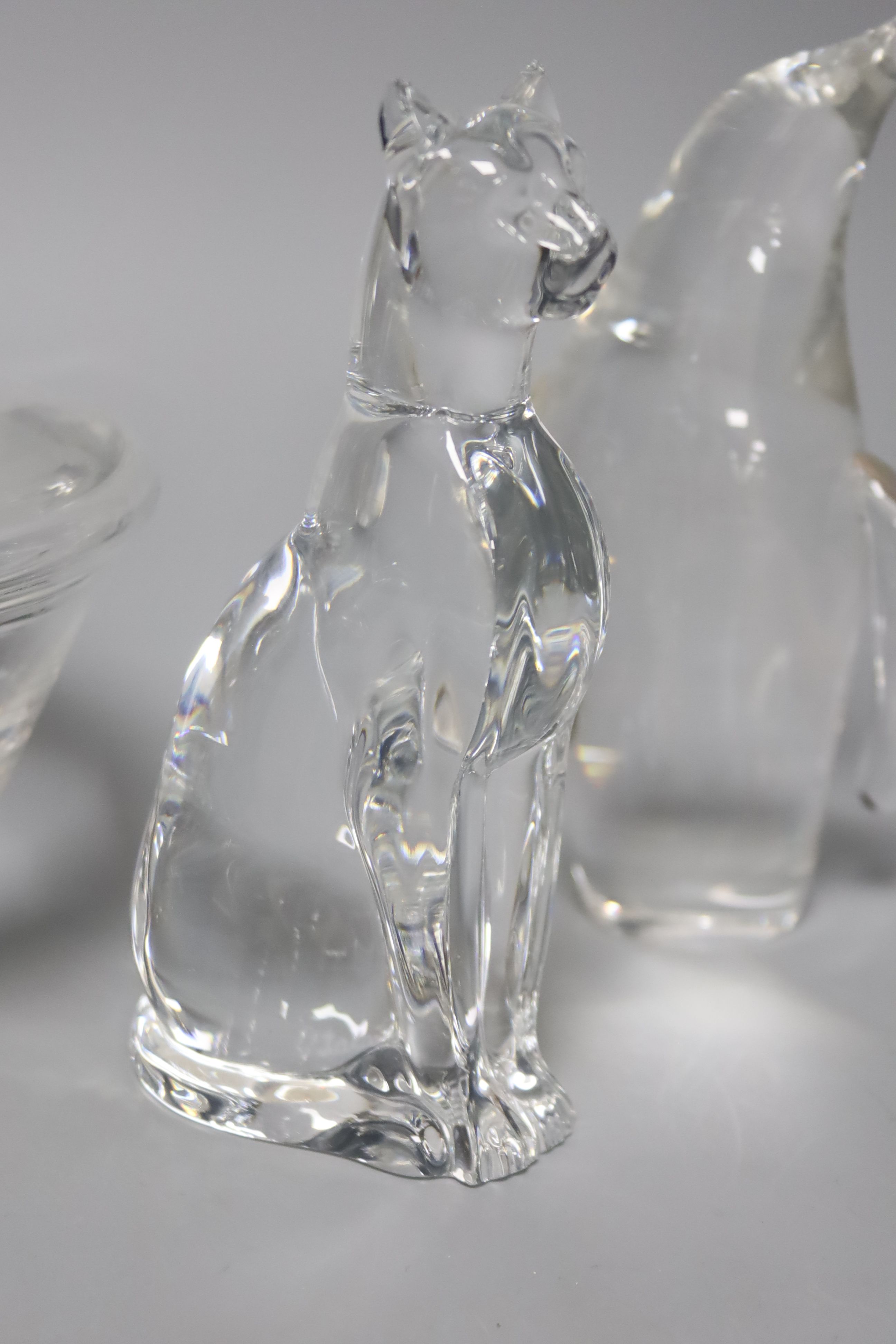 Three Steuben heavy moulded glass animals (penguin, frog and dolphin) and two other items,